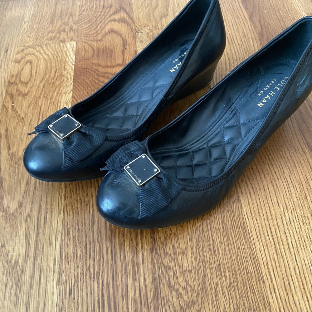 Cole Haan Black Wedge Heels with Bow Accent
